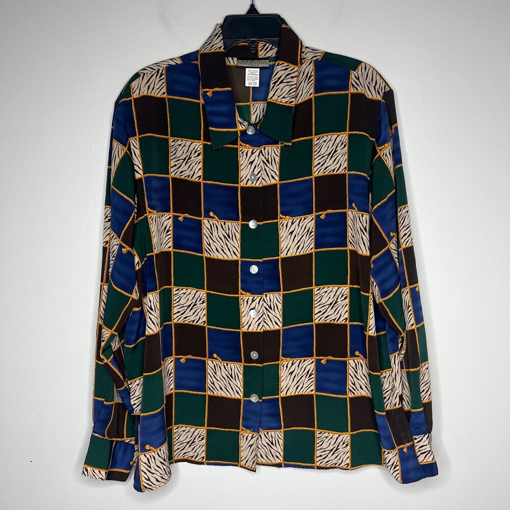 VTG Notations Womens 22W Animal Patchwork Print Long Sleeve Button Down Dopamine